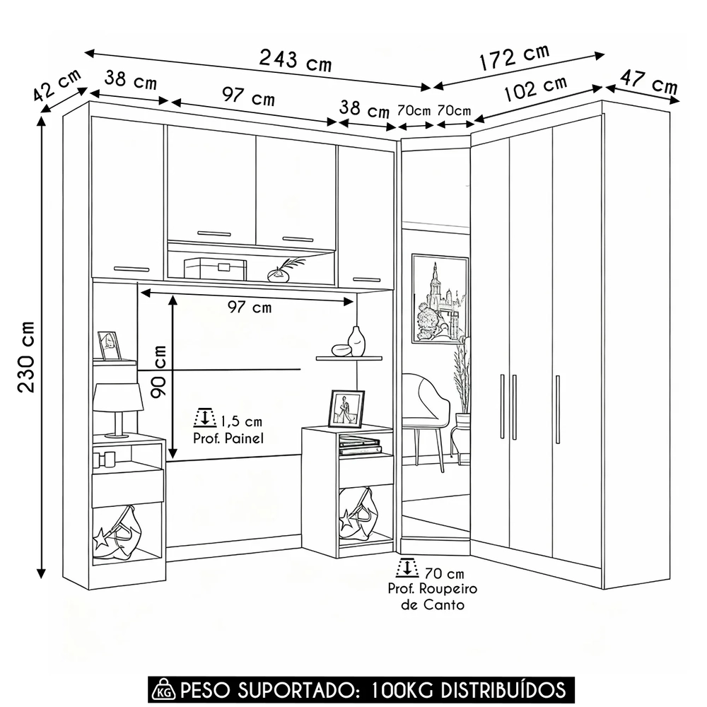 Guarda Roupa Solteiro Modulado CP03 Taiga Branco/Grey L01 - Mpozenato