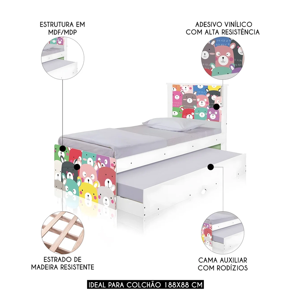 Cama Solteiro Infantil Com Auxiliar 188x88cm Ursinhos K06 - Mpozenato