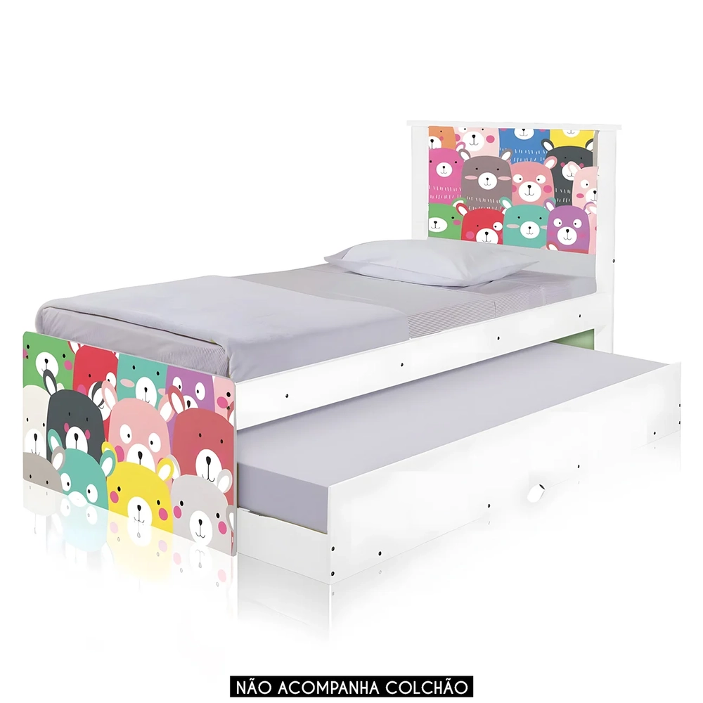 Cama Solteiro Infantil Com Auxiliar 188x88cm Ursinhos K06 - Mpozenato