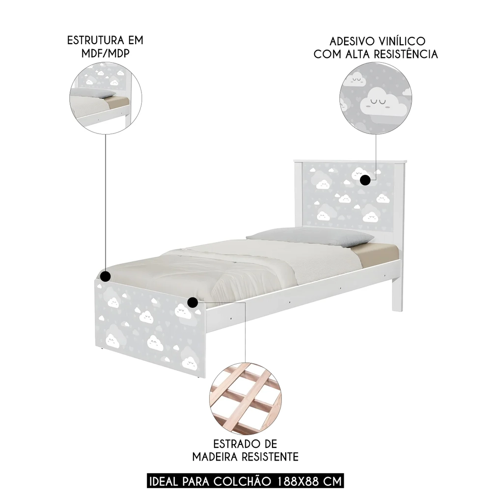 Cama Solteiro Infantil Para Colchão 188x88cm Nuvens K06 - Mpozenato
