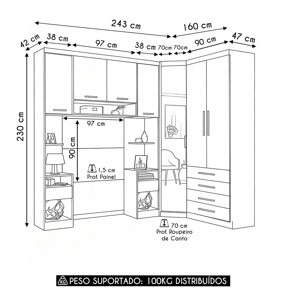 Guarda Roupa Solteiro Modulado CP05 Taiga Branco/Grey L01 - Mpozenato