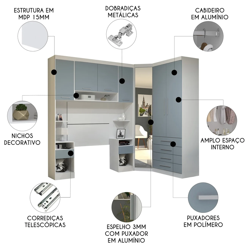 Guarda Roupa Solteiro Modulado CP05 Taiga Branco/Grey L01 - Mpozenato