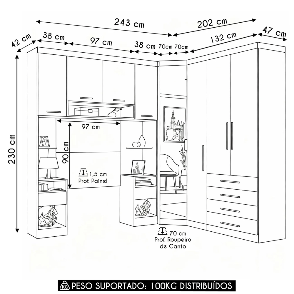 Guarda Roupa Solteiro Modulado CP04 Taiga Branco/Grey L01 - Mpozenato