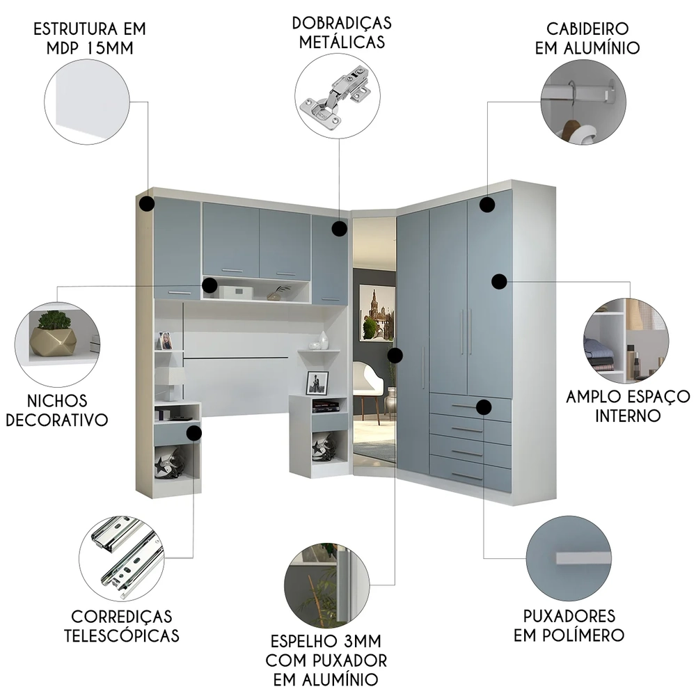 Guarda Roupa Solteiro Modulado CP04 Taiga Branco/Grey L01 - Mpozenato