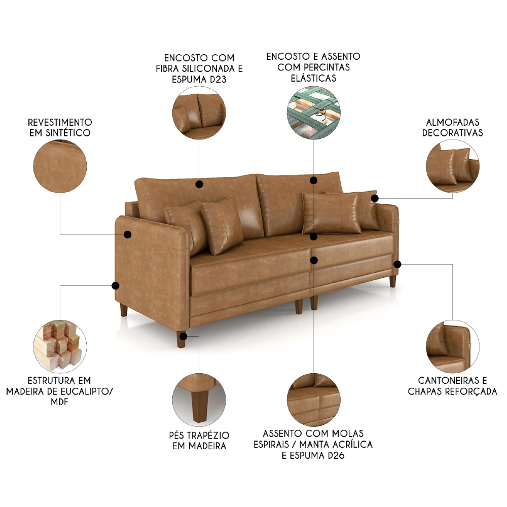 Sofá 3 Lugares Living 212cm Pé Madeira Zoe Sintético Camel Z08 - Mpozenato