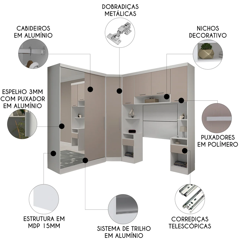 Guarda Roupa Solteiro Modulado Espelho CP06 Taiga Branco/Cinnamon L01 - Mpozenato
