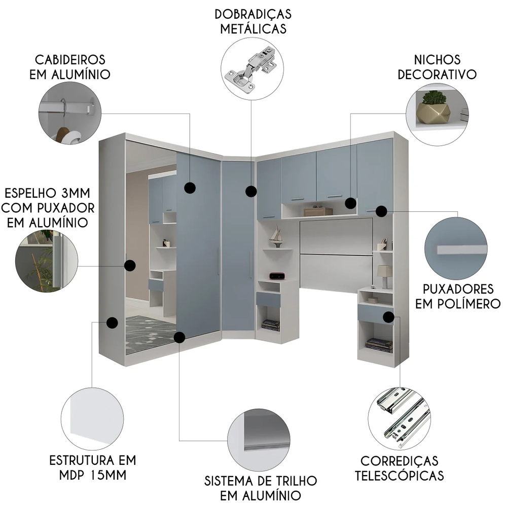 Guarda Roupa Solteiro Modulado Espelho CP06 Taiga Branco/Grey L01 - Mpozenato
