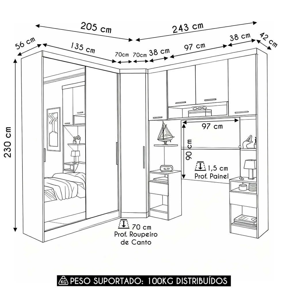Guarda Roupa Solteiro Modulado Espelho CP06 Taiga Branco/Grey L01 - Mpozenato