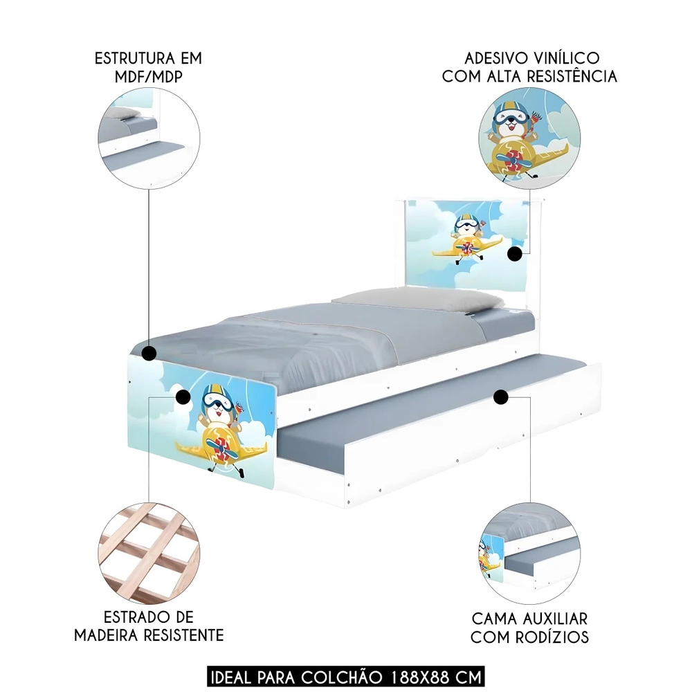 Cama Solteiro Infantil Com Auxiliar 188x88cm Aviador K06 - Mpozenato