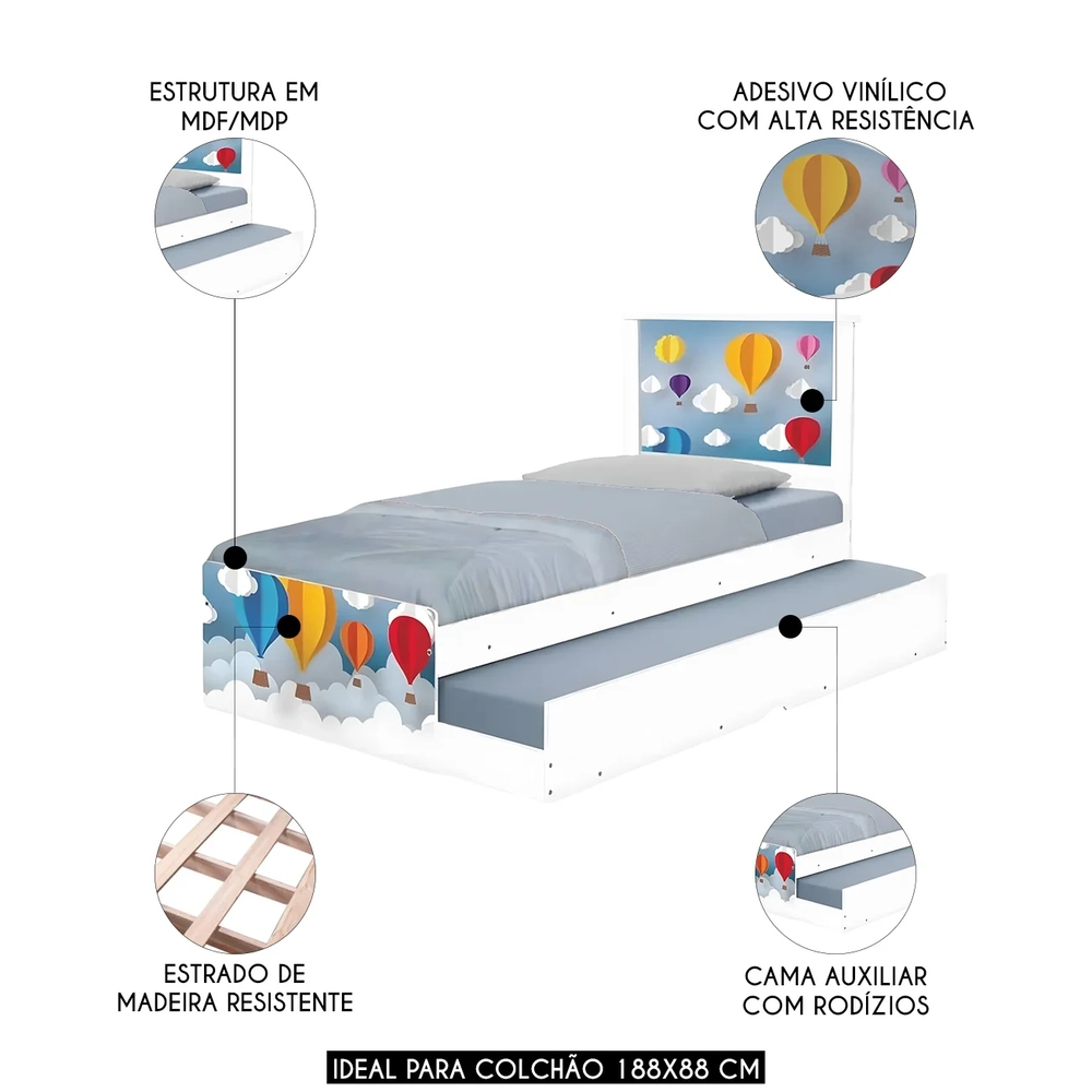 Cama Solteiro Infantil Com Auxiliar 188x88cm Balões K06 - Mpozenato
