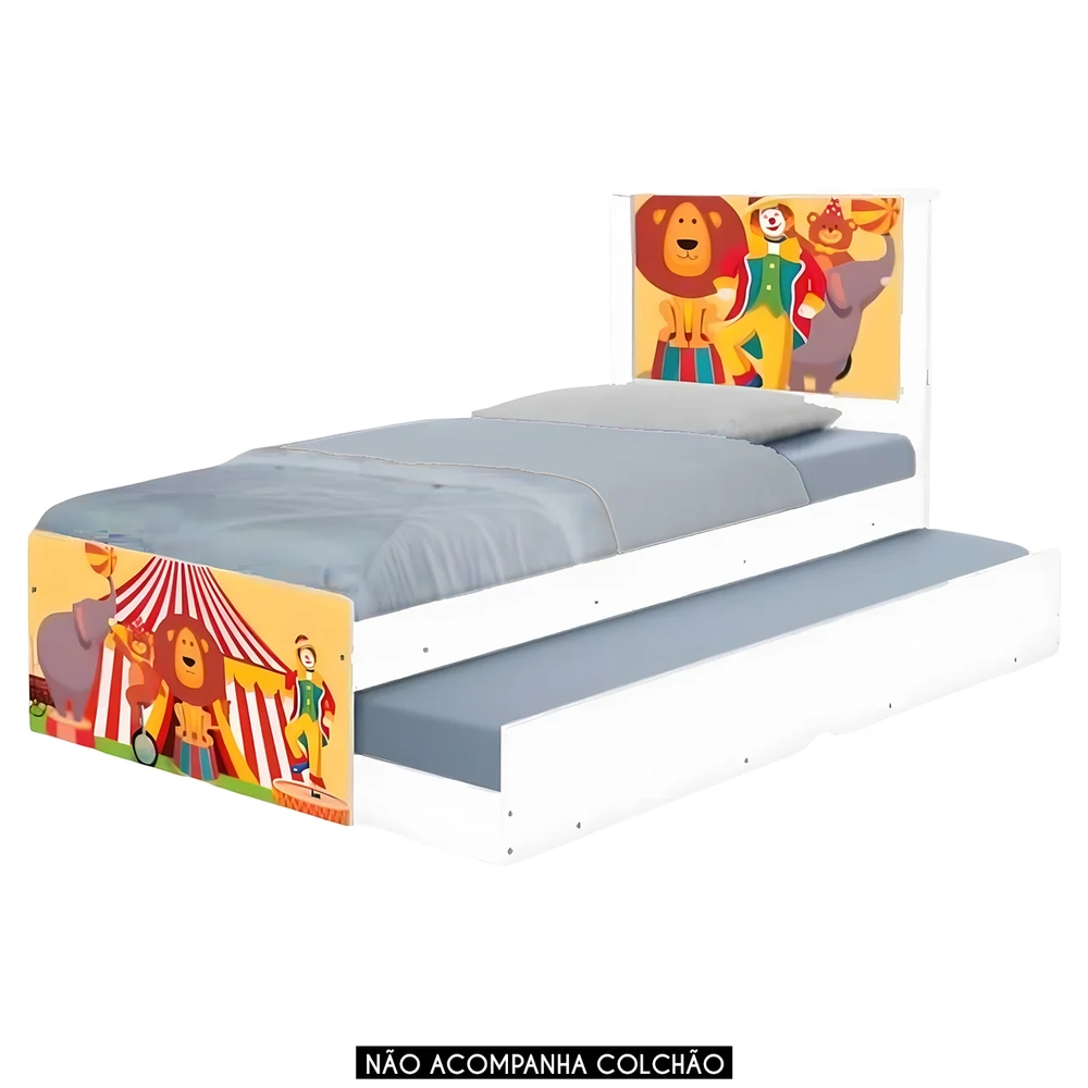 Cama Solteiro Infantil Com Auxiliar 188x88cm Circo K06 - Mpozenato