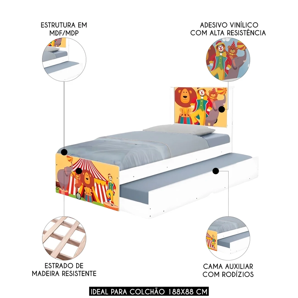 Cama Solteiro Infantil Com Auxiliar 188x88cm Circo K06 - Mpozenato