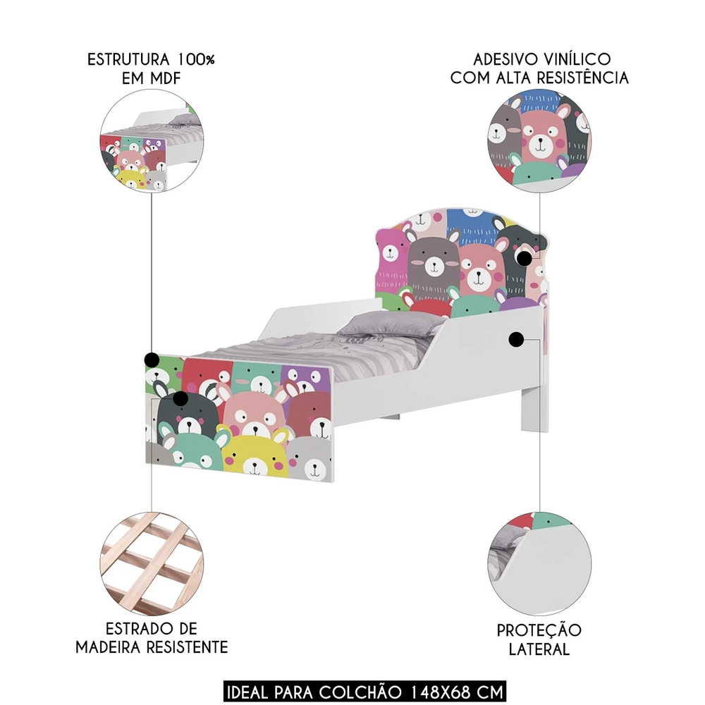 Mini Cama Infantil 148x68cm Com Proteção Lateral Ursinhos K06 - Mpozenato