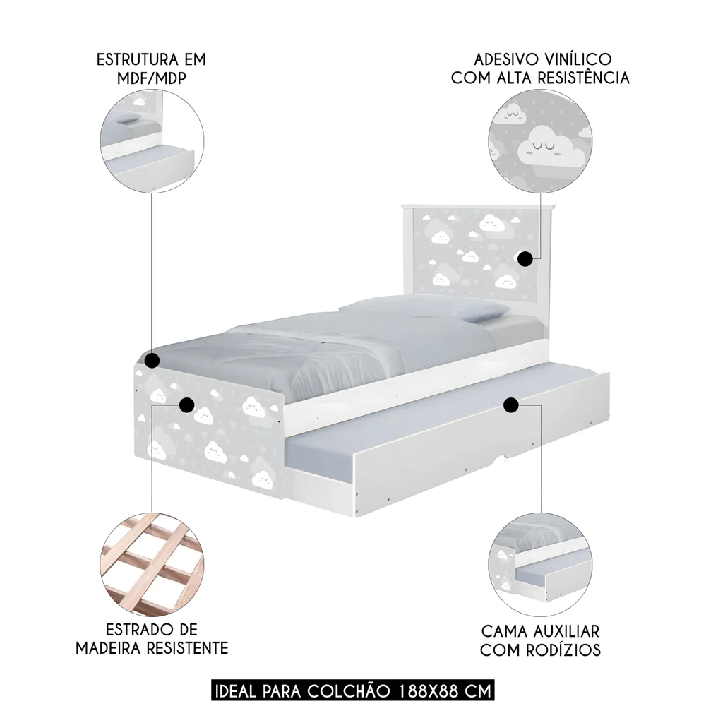 Cama Solteiro Infantil Com Auxiliar 188x88cm Nuvens K06 - Mpozenato