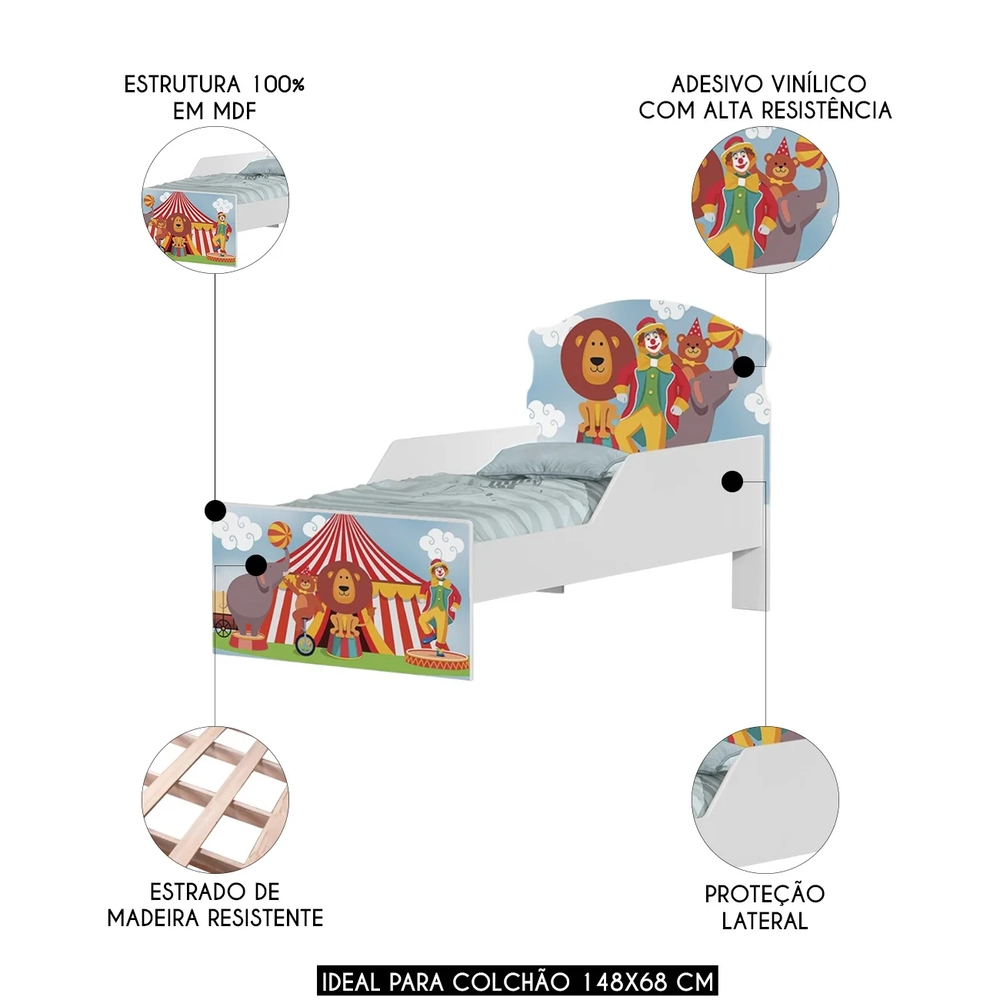 Mini Cama Infantil 148x68cm Com Proteção Lateral Circo K06 - Mpozenato