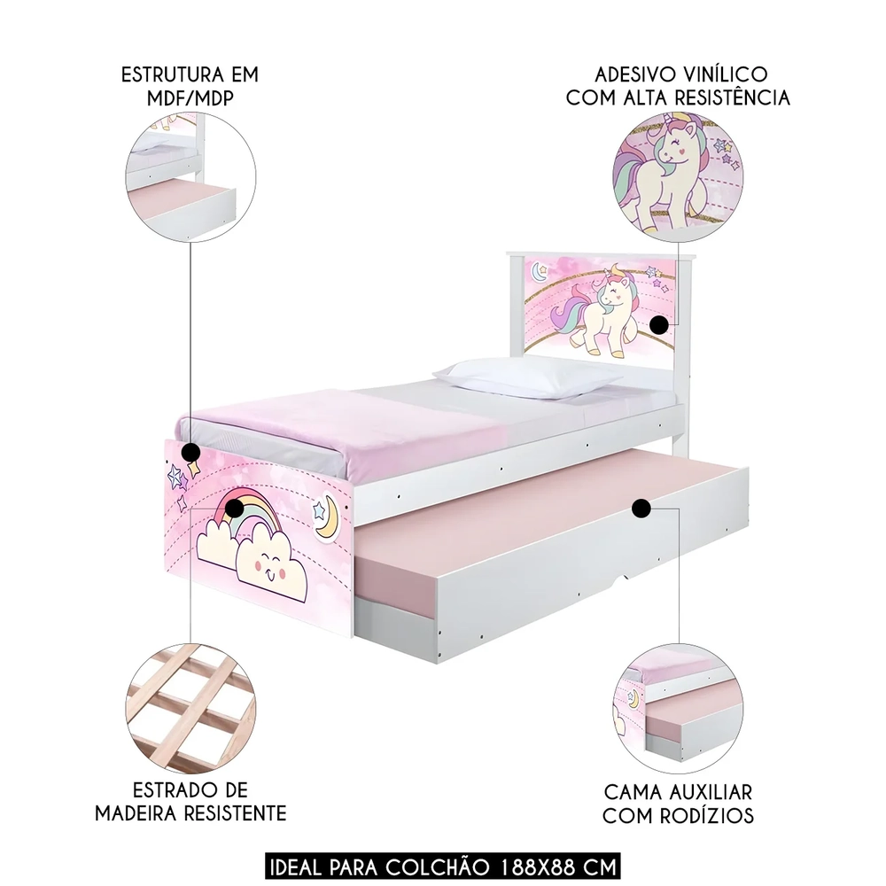 Cama Solteiro Infantil Com Auxiliar 188x88cm Unicórnio K06 - Mpozenato