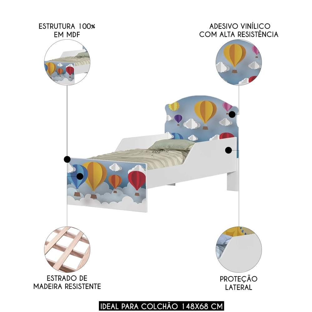 Mini Cama Infantil 148x68cm Com Proteção Lateral Balões K06 - Mpozenato
