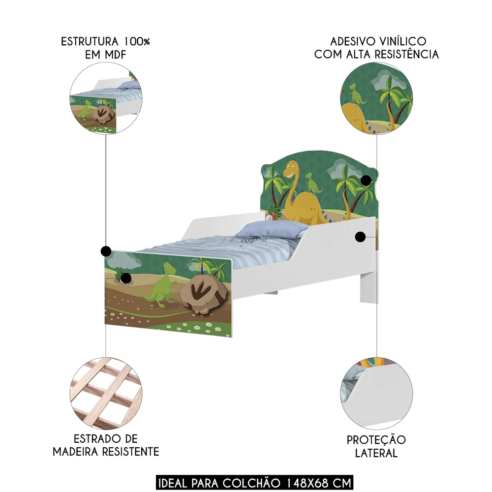 Mini Cama Infantil 148x68cm Com Proteção Lateral Dinossauro K06 - Mpozenato