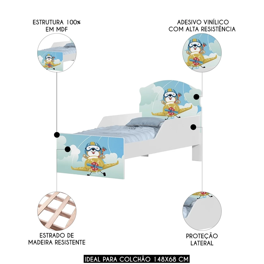 Mini Cama Infantil 148x68cm Com Proteção Lateral Aviador K06 - Mpozenato
