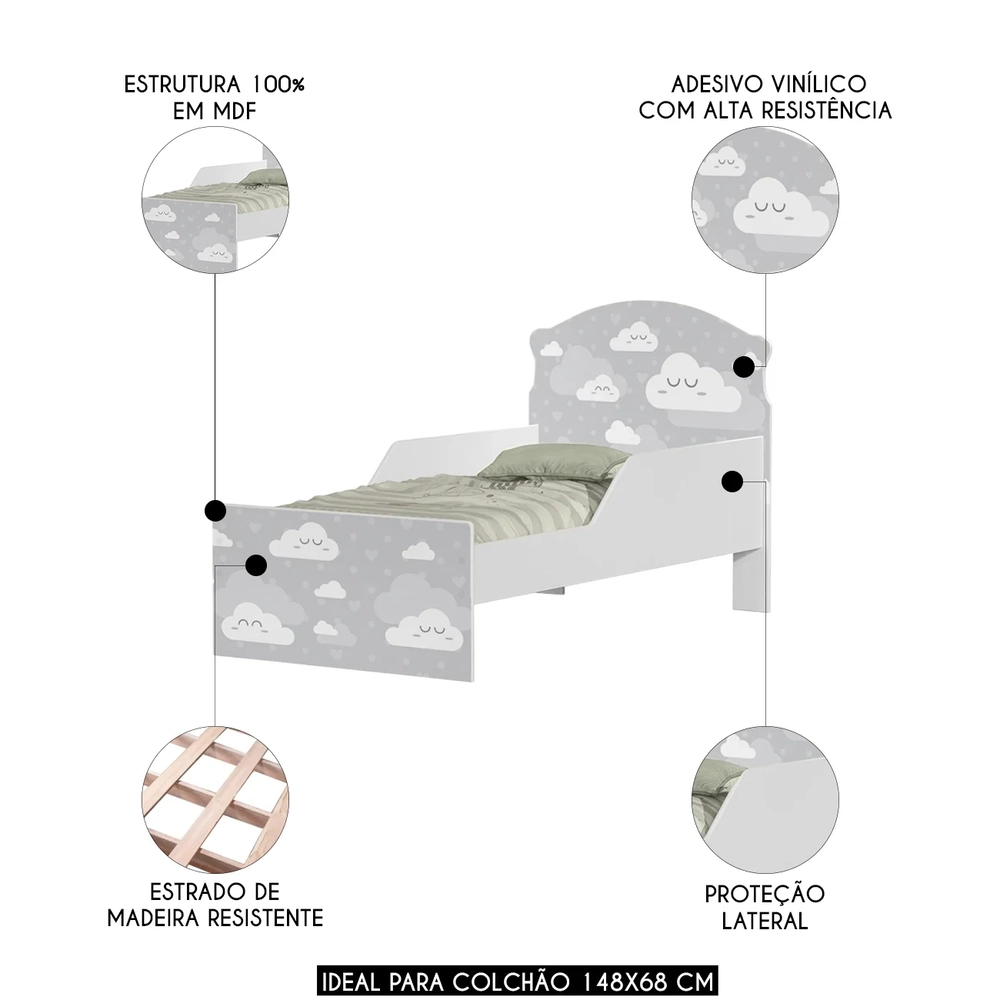 Mini Cama Infantil 148x68cm Com Proteção Lateral Nuvens K06 - Mpozenato
