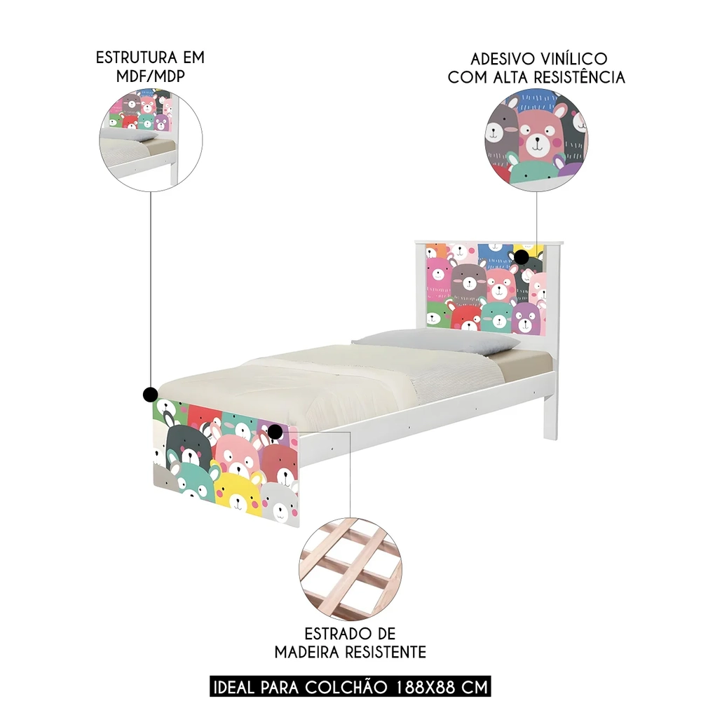 Cama Solteiro Infantil Para Colchão 188x88cm Ursinhos K06 - Mpozenato