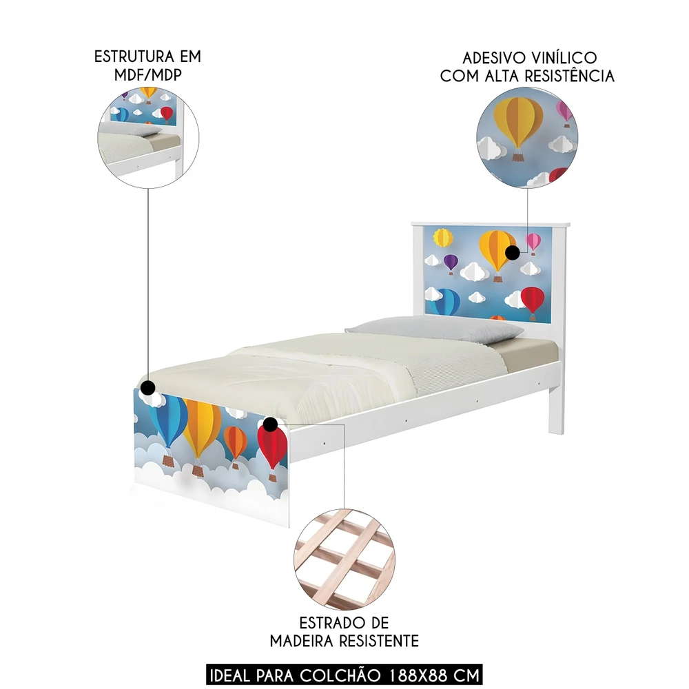 Cama Solteiro Infantil Para Colchão 188x88cm Balões K06 - Mpozenato