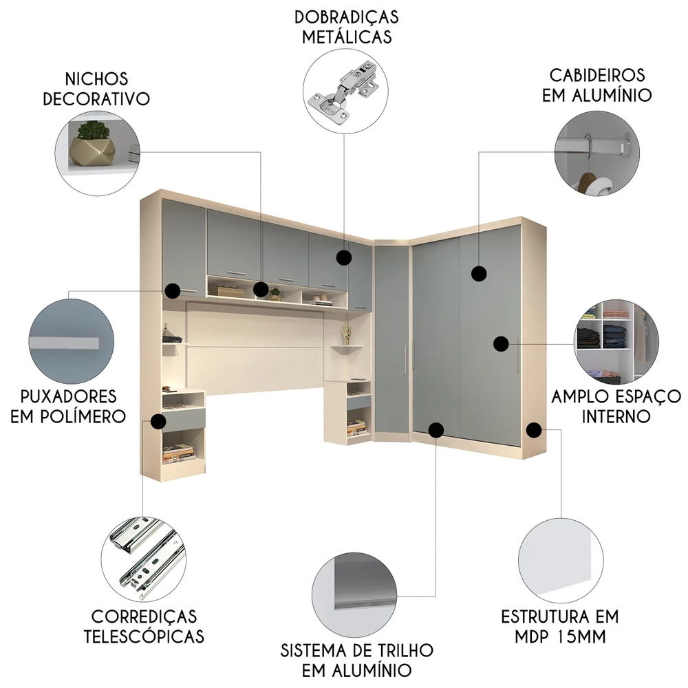 Guarda Roupa Queen Modulado CP07 Taiga Branco/Grey L01 - Mpozenato