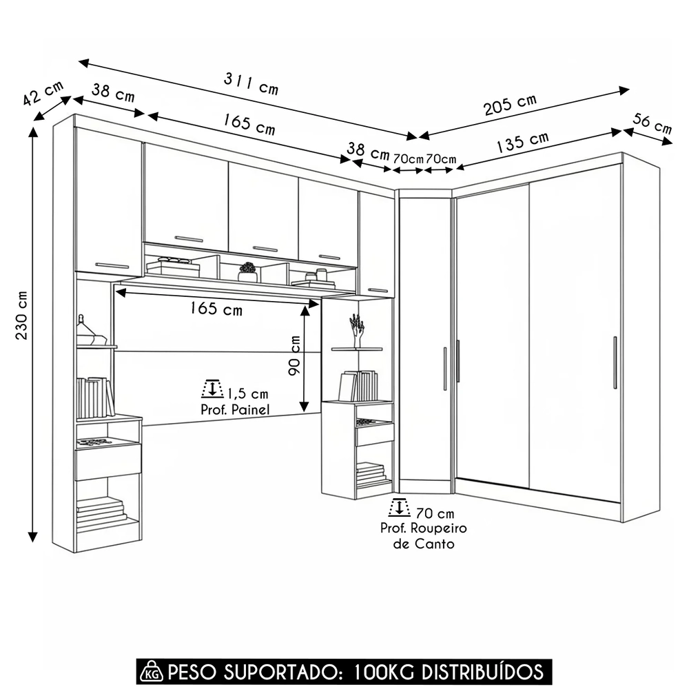Guarda Roupa Queen Modulado CP07 Taiga Branco/Grey L01 - Mpozenato