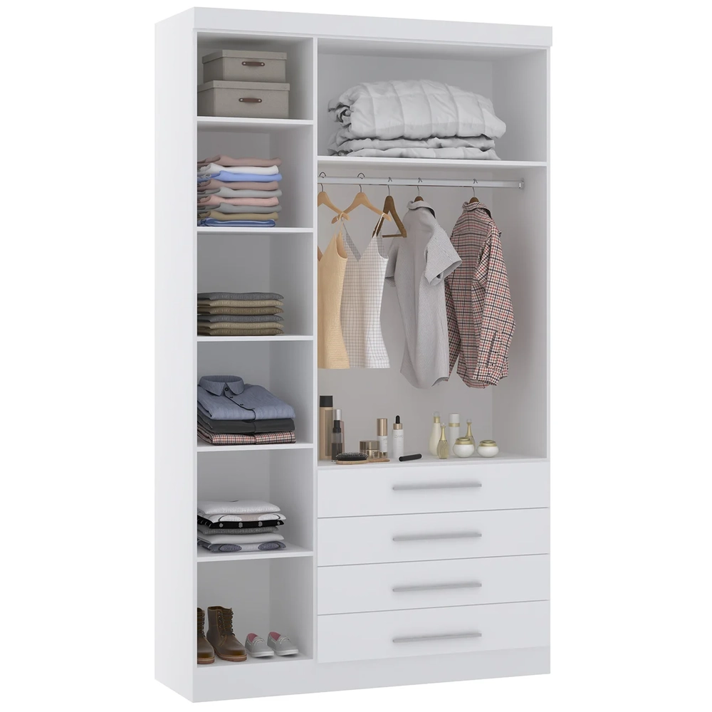 Guarda Roupa Solteiro 132cm 3 Portas 4 Gavetas Taiga Branco L01 - Mpozenato
