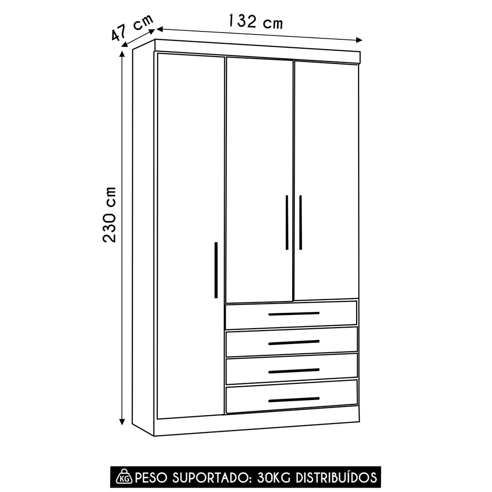 Guarda Roupa Solteiro 132cm 3 Portas 4 Gavetas Taiga Branco L01 - Mpozenato