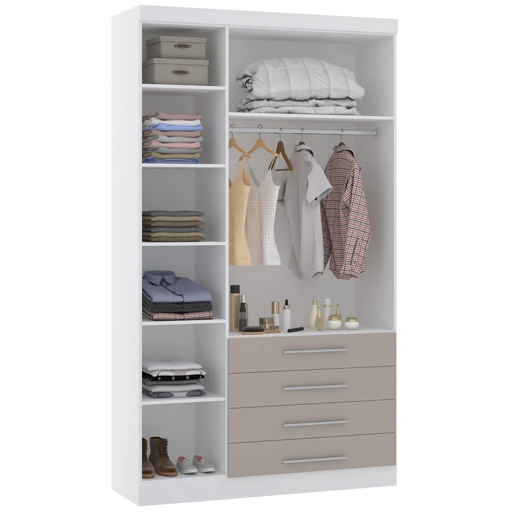 Guarda Roupa Solteiro 132cm 3 Portas 4 Gavetas Taiga Branco/Cinnamon L01 - Mpozenato