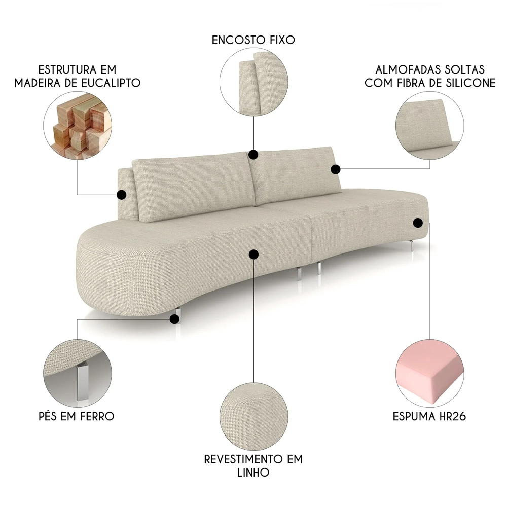 Sofá 3 Lugares 220cm Orgânico Pé Ferro Nagai Linho Off White Z55 - Mpozenato