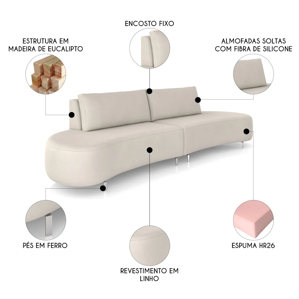 Sofá 3 Lugares 200cm Orgânico Pé Ferro Nagai Suede Bege Z55 - Mpozenato