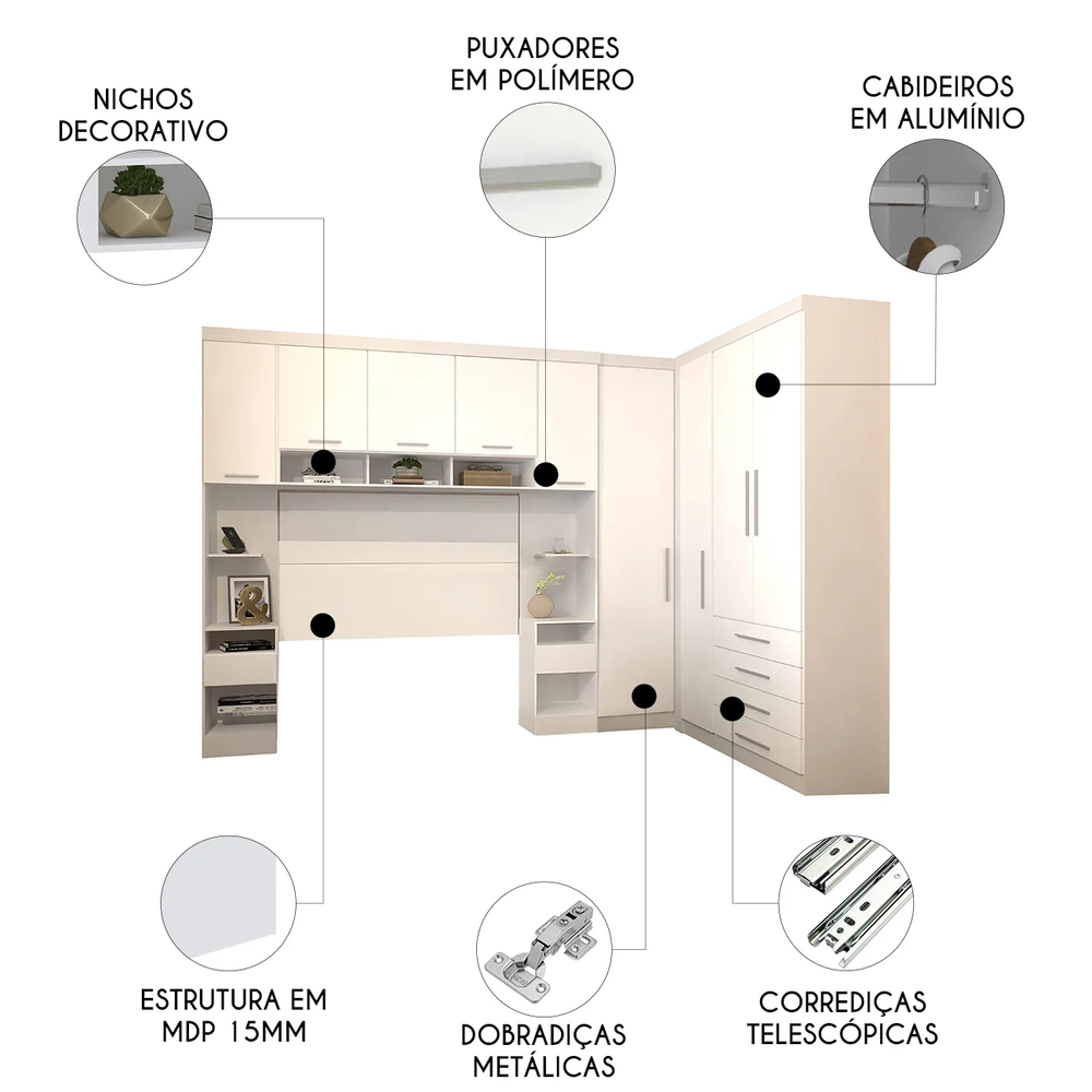 Guarda Roupa Queen Modulado CP09 Taiga Branco L01 - Mpozenato