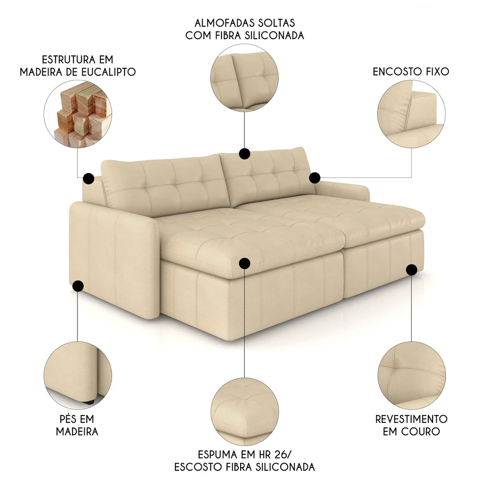 Sofá Retrátil 3 Lugares Para Sala 204cm Elios Couro Bege Z55 - Mpozenato