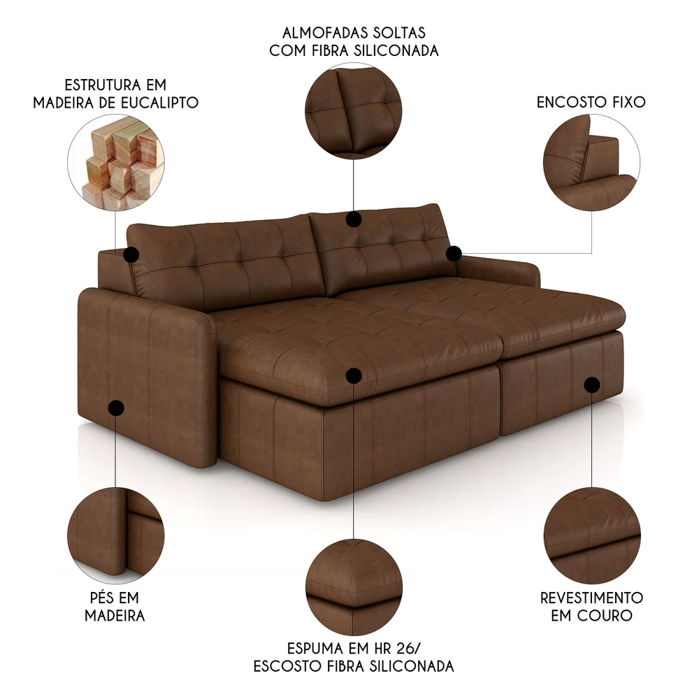 Sofá Retrátil 3 Lugares Para Sala 224cm Elios Couro Caramelo Z55 - Mpozenato