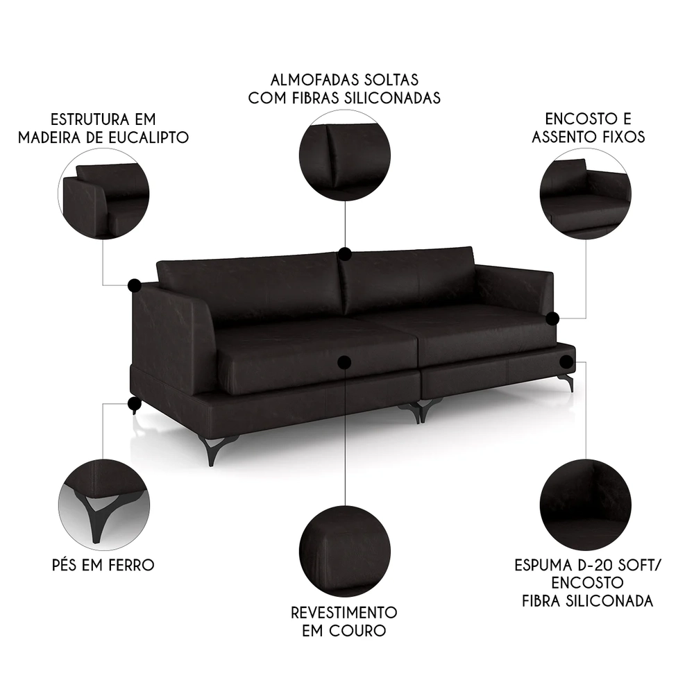 Sofá 2 Lugares Living 190cm Pé Ferro Soren Couro Bordô Z55  - Mpozenato