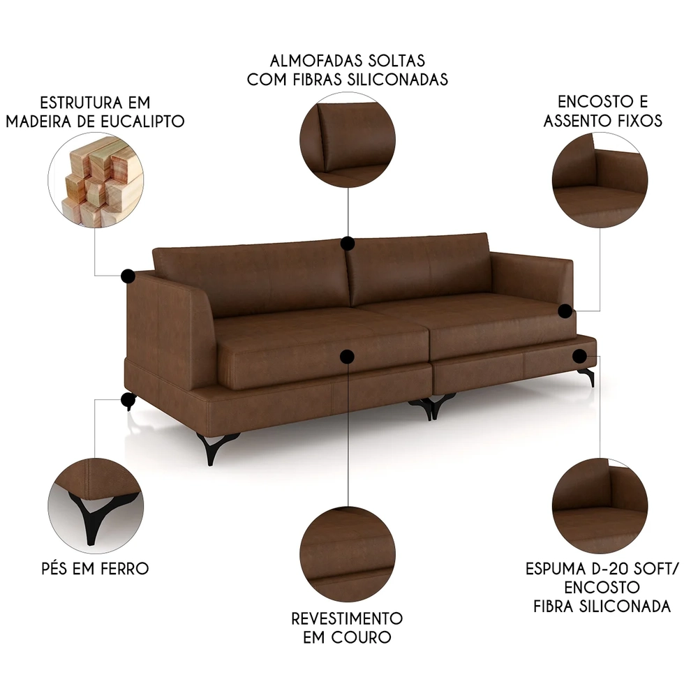 Sofá 3 Lugares Living 230cm Pé Ferro Soren Couro Caramelo Z55 - Mpozenato