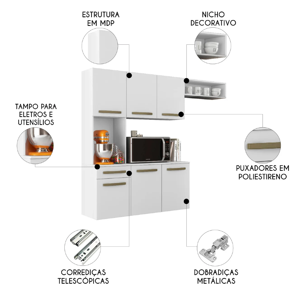 Armário de Cozinha Compacta 160cm Lora Branco A15 - Mpozenato