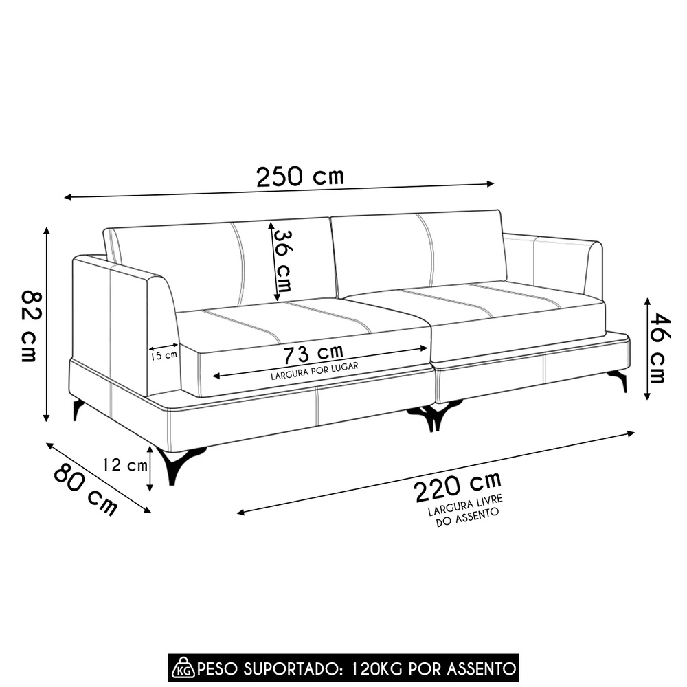 Sofá 3 Lugares Living 250cm Pé Ferro Soren Couro Caramelo Z55 - Mpozenato