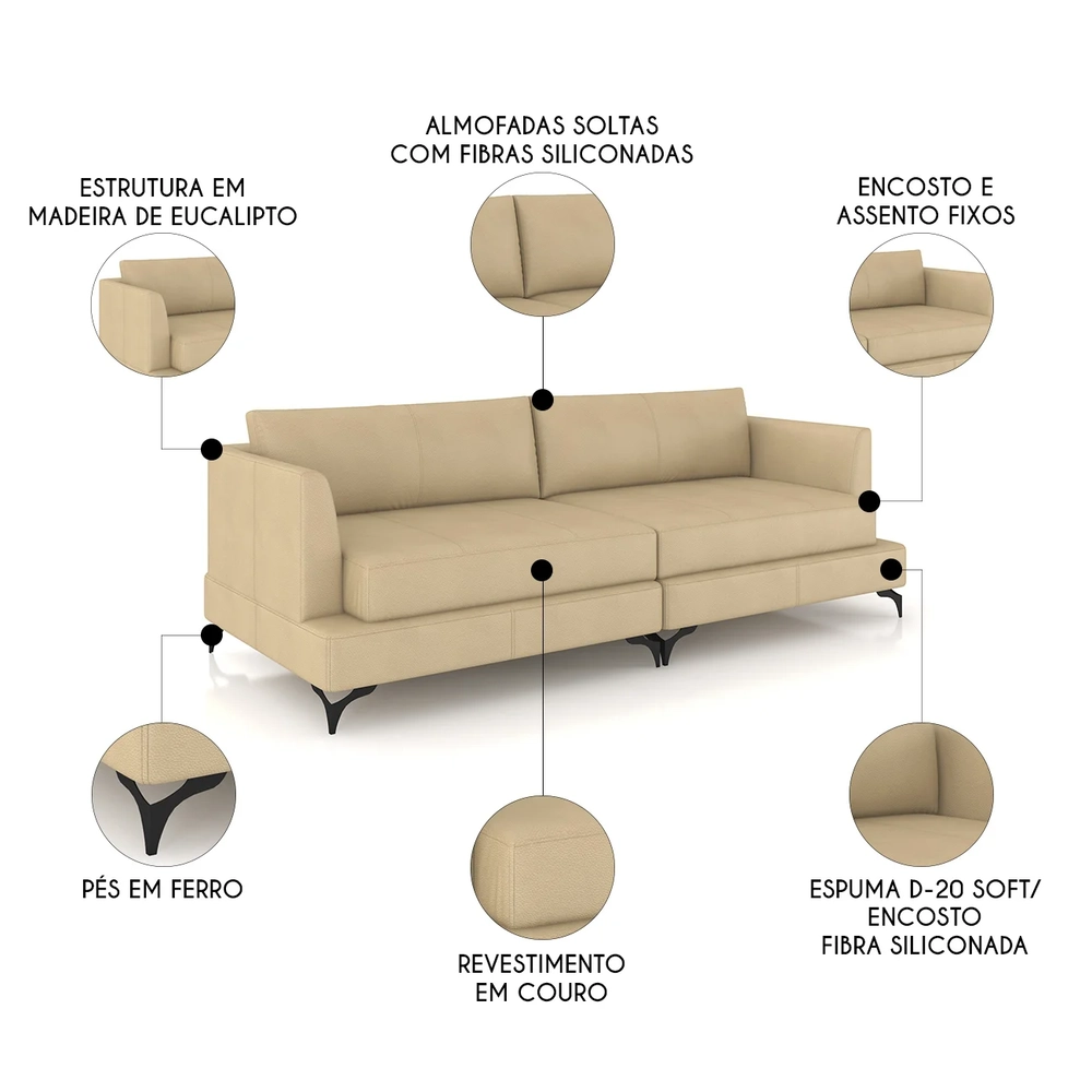 Sofá 4 Lugares Living 270cm Pé Ferro Soren Couro Bege Z55   - Mpozenato