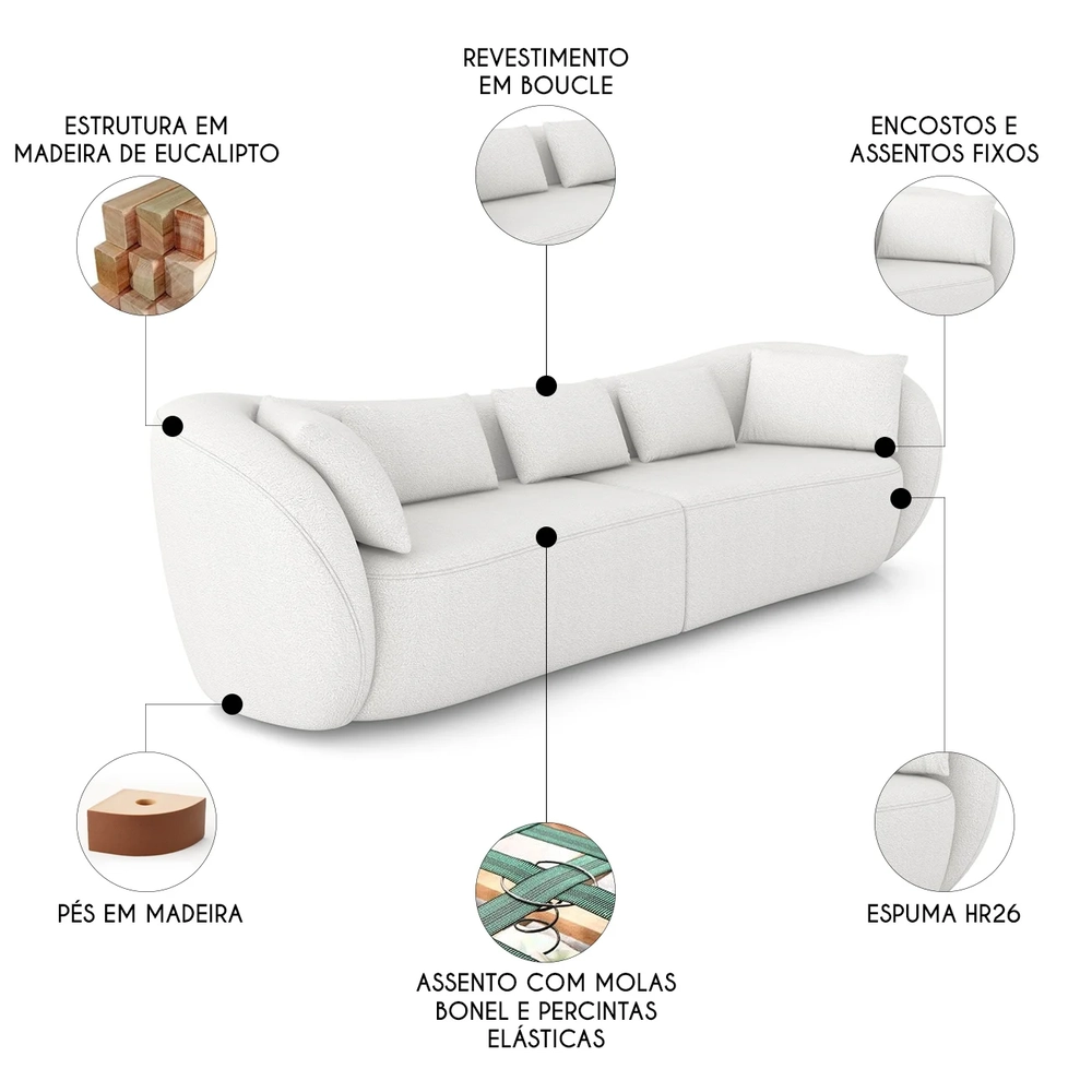 Sofá 2 Lugares 212cm Orgânico Pé Madeira Yume Bouclê Branco Z55 - Mpozenato