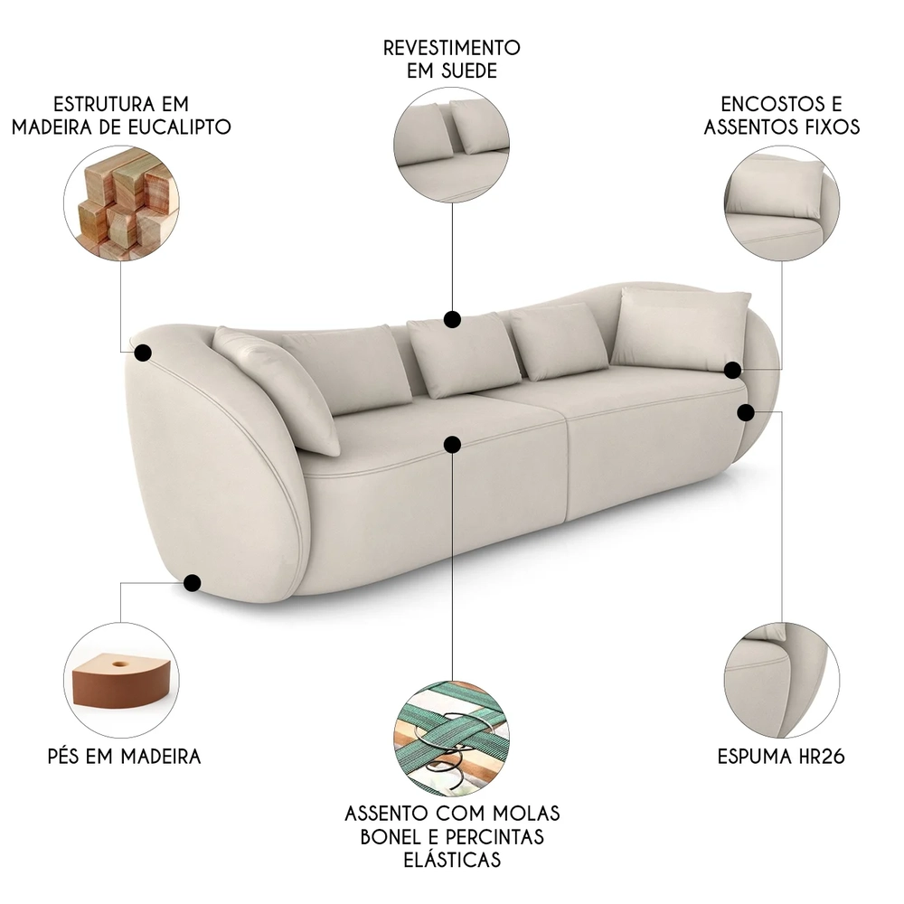 Sofá 3 Lugares 252cm Orgânico Pé Madeira Yume Suede Bege Z55 - Mpozenato