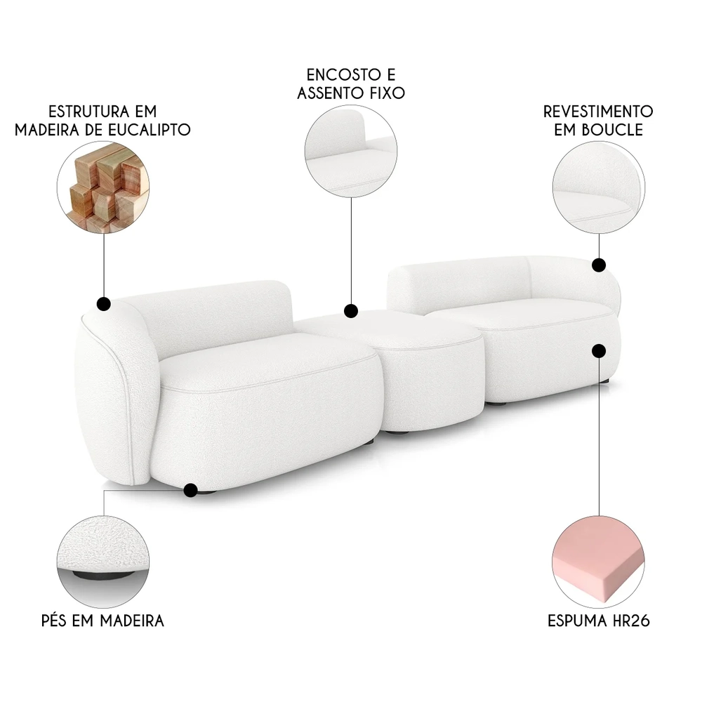 Sofá 4 Lugares Com Puff 322cm Orgânico Lyor Bouclê Branco Z55 - Mpozenato