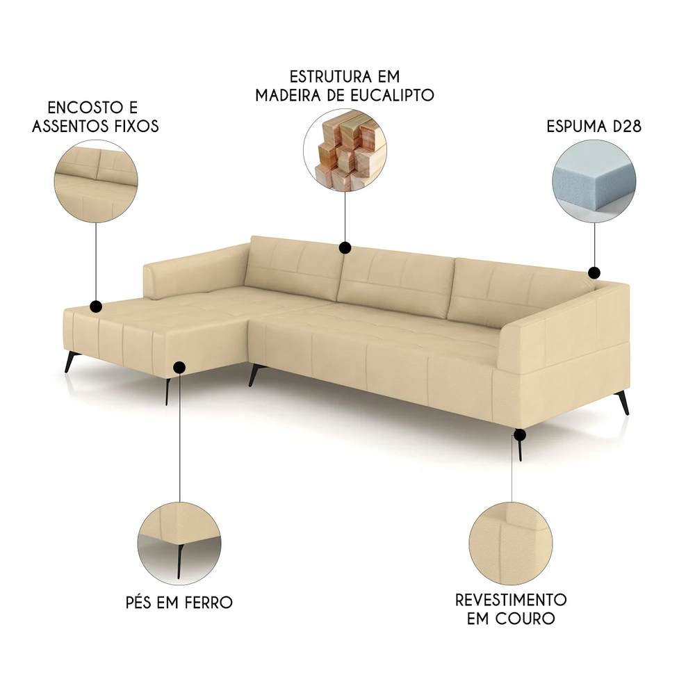 Sofá 4 Lugares 286cm Com Chaise Esquerdo Eko Couro Bege Z55 - Mpozenato