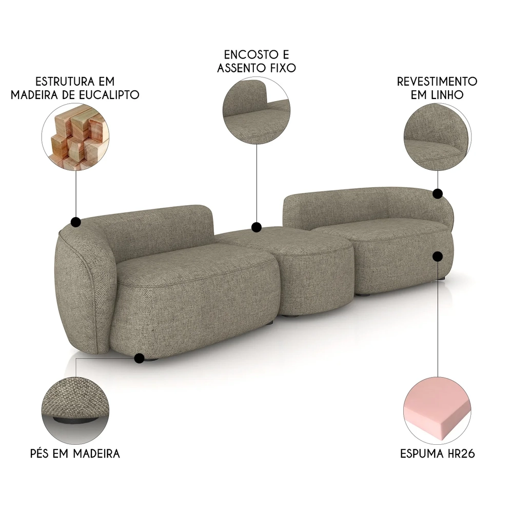 Sofá 5 Lugares Com Puff 382cm Orgânico Lyor Linho Bege Z55  - Mpozenato