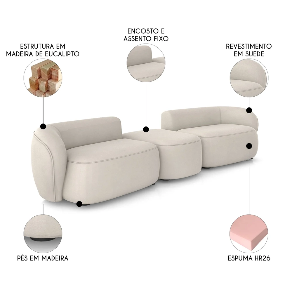 Sofá 5 Lugares Com Puff 382cm Orgânico Lyor Suede Bege Z55  - Mpozenato
