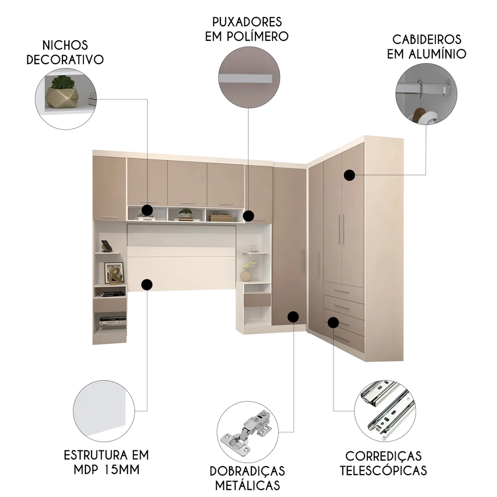 Guarda Roupa Queen Modulado CP09 Taiga Branco/Cinnamon L01 - Mpozenato