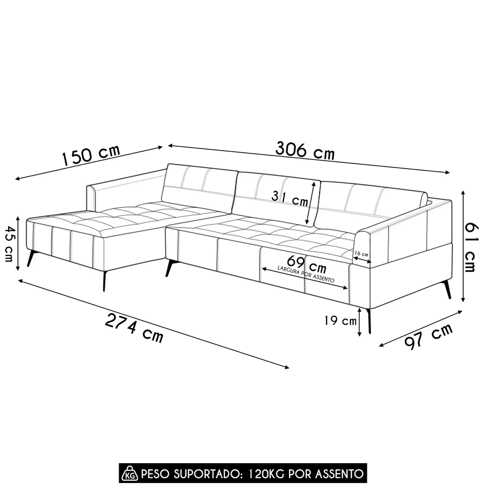 Sofá 4 Lugares 306cm Com Chaise Esquerdo Eko Couro Bege Z55 - Mpozenato