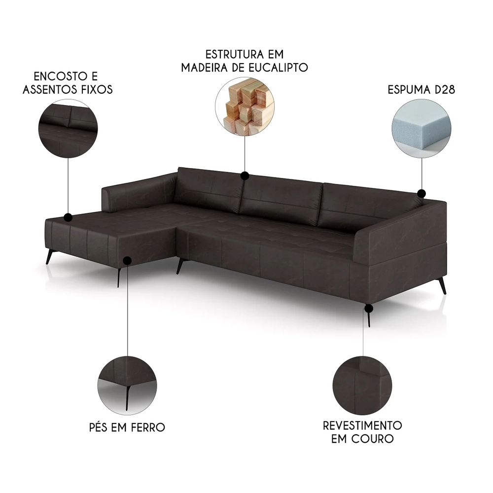 Sofá 4 Lugares 286cm Com Chaise Esquerdo Eko Couro Bordô Z55 - Mpozenato